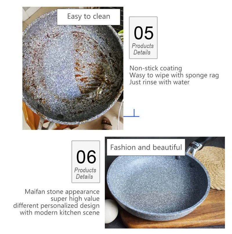Sartén antiadherente de piedra duradera, sartén Wok, Caldero, Cocina de Inducción, sartenes, panqueques, huevo, estufa de Gas, hogar, 28 cm, 26 cm, 24 cm, 20cm