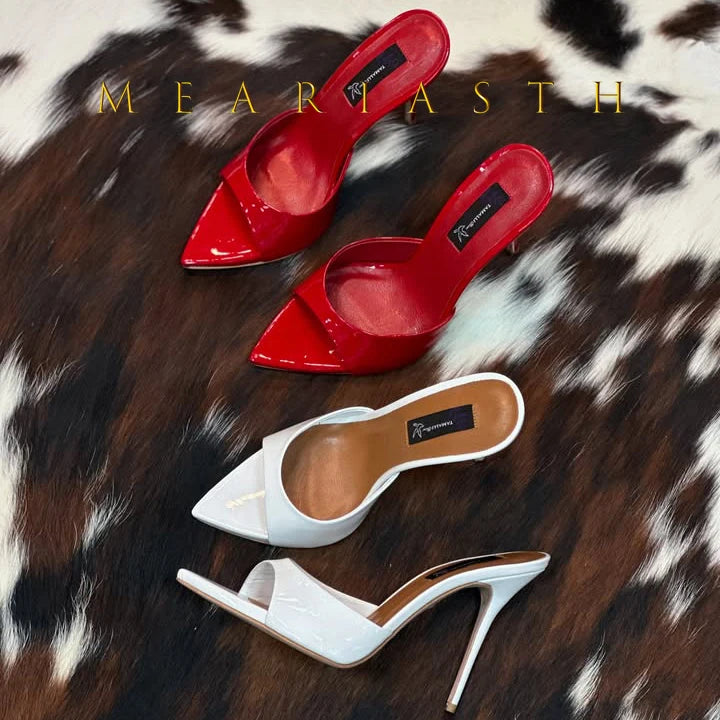 Sandalias de tacón de charol rojo, Sandalias poco profundas sin cordones, tacones sexis sólidos, zapatos de tacón de aguja de verano de 10CM, Sandalias con punta abierta y una correa