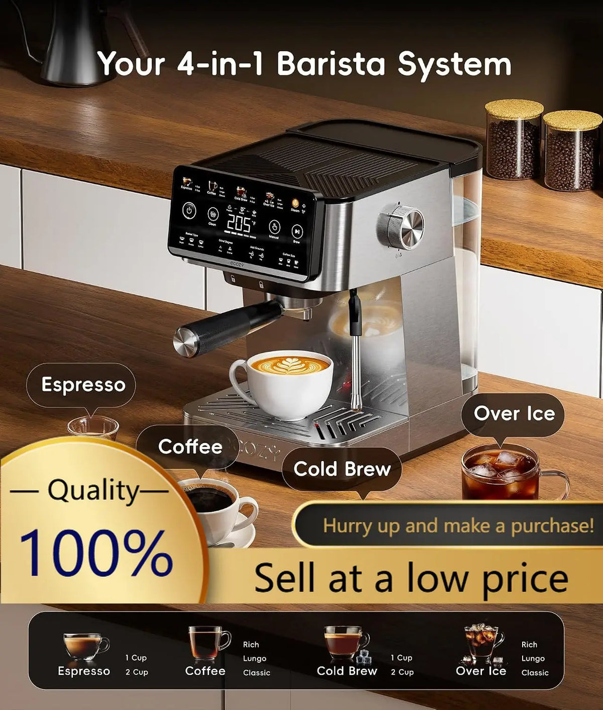 Máquina de café expreso 4 en 1 y cafetera combinada con espumador de leche, en promoción de gran venta |   Cold Brew y Over Ice, Interacti