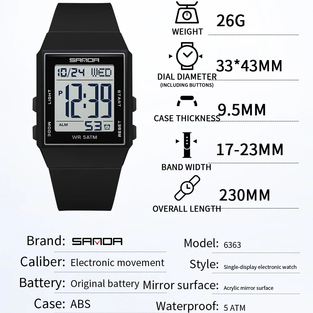 Relojes de Moda SANDA para Mujer, Reloj Deportivo con Correa de Silicona, Resistente al Agua 3ATM, Pantalla LED Digital, Regalo para Mujer