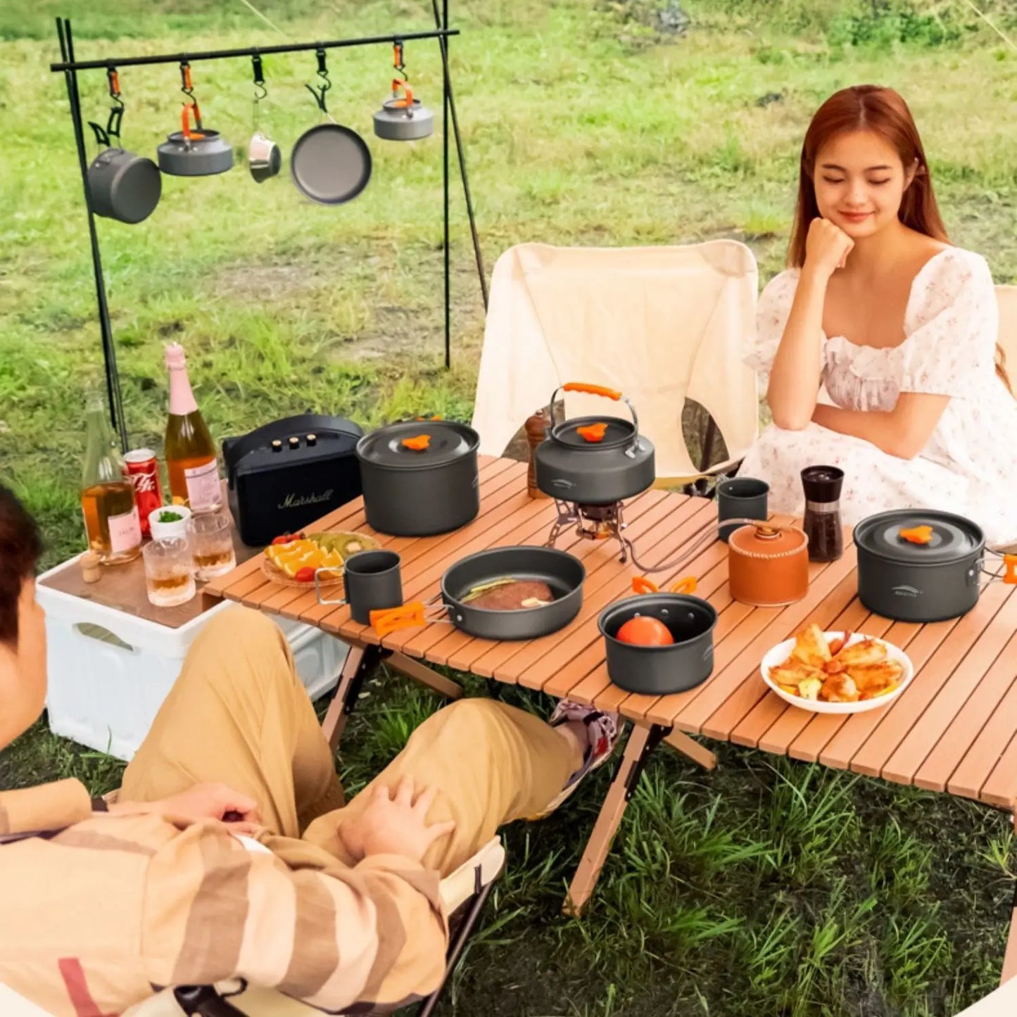 Utensilios de cocina para senderismo al aire libre, utensilios de cocina para acampar, tetera de agua hirviendo, equipo de sartén, olla portátil para acampar, juego combinado de suministros