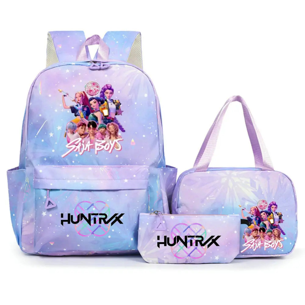 Conjunto de mochila con estampado de KPop Demon Hunters con bolsa para el almuerzo y estuche para lápices, mochila para exteriores de gran capacidad, ligera y transpirable