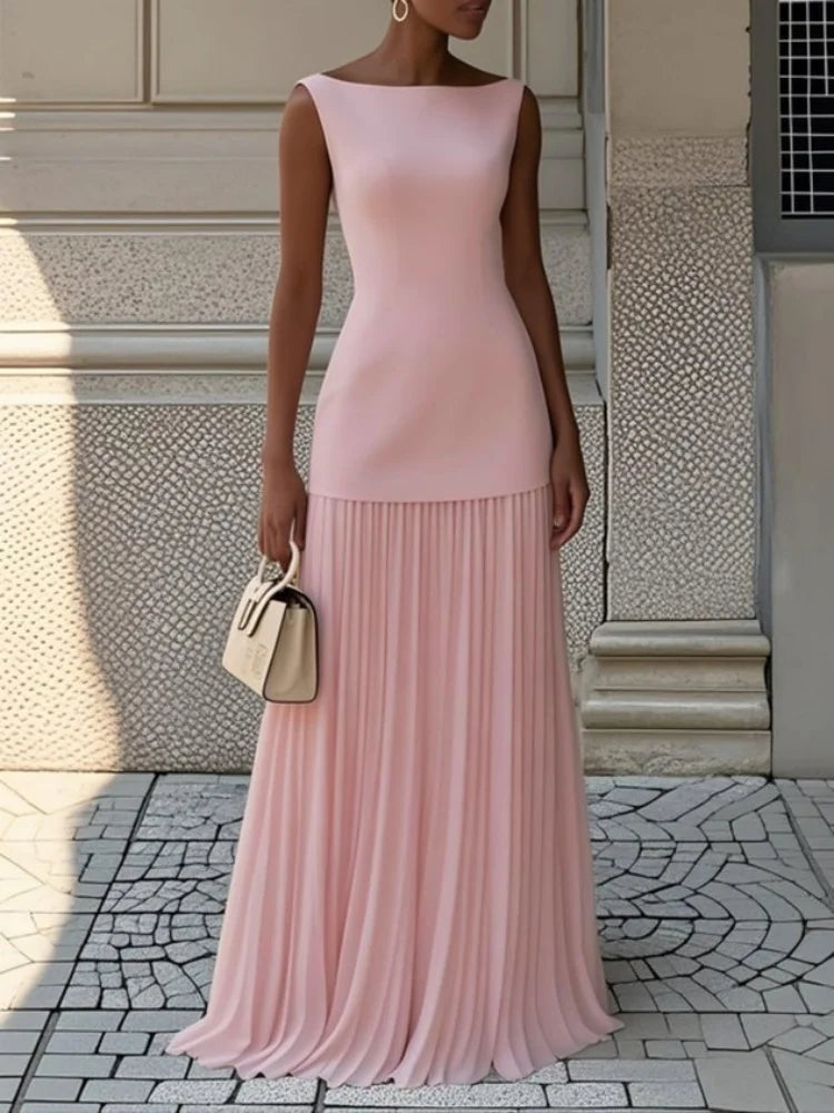Conjunto de faldas plisadas de empalme liso elegante para mujer, vestido Sexy sin mangas con cuello oblicuo, vestido bohemio, faldas largas ajustadas huecas de verano