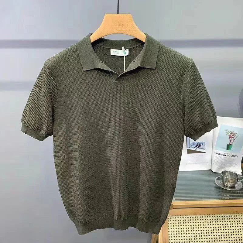 Polo de Manga Corta con Cuello en V, Corte Ajustado, de Seda Helada, para Hombre, Tejido, Estilo Veraniego, Transpirable, Lavable a Máquina, Camiseta Casual