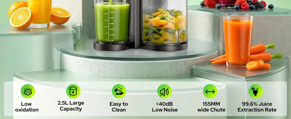 Exprimidor de prensado en frío mejorado 2026 – Boca extra ancha de 6.5 pulgadas, Tolva de alimentación automática de 100 oz, Exprimidor lento inteligente 3 en 1 con pantalla táctil para sorbetes y leche de frutos secos,