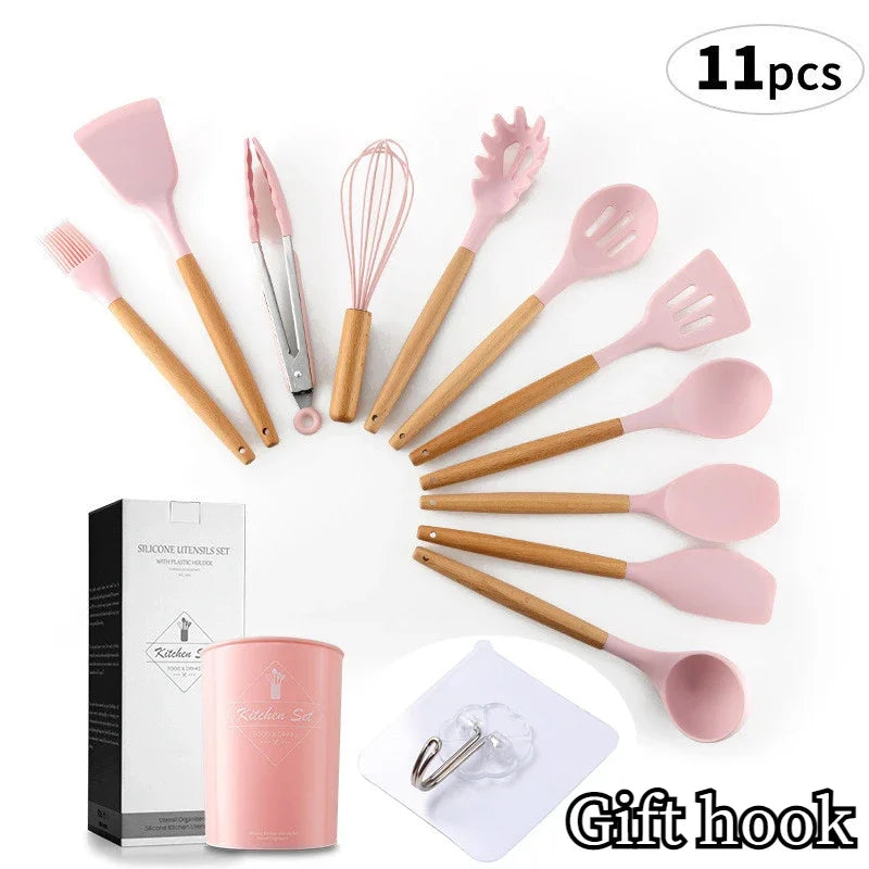 Utensilios de cocina de silicona con mango multifunción de madera, espátula antiadherente, cucharón, batidor de huevos, pala, rosa, nuevo