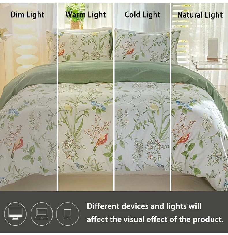 Juego de funda nórdica con estampado floral de hojas, 3 unidades/juego (1 funda nórdica y 2 fundas de almohada), juego de ropa de cama suave y agradable para la piel