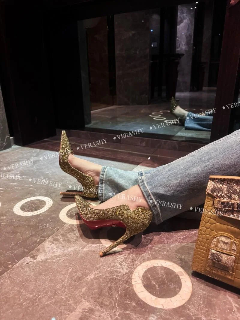 Tacones altos para mujer, primavera 20220, oro nuevo, Sexy, puntiagudos, franceses, finos con zapatos individuales, zapatos de boda de cristal para mujer, zapato de suela roja para mujer