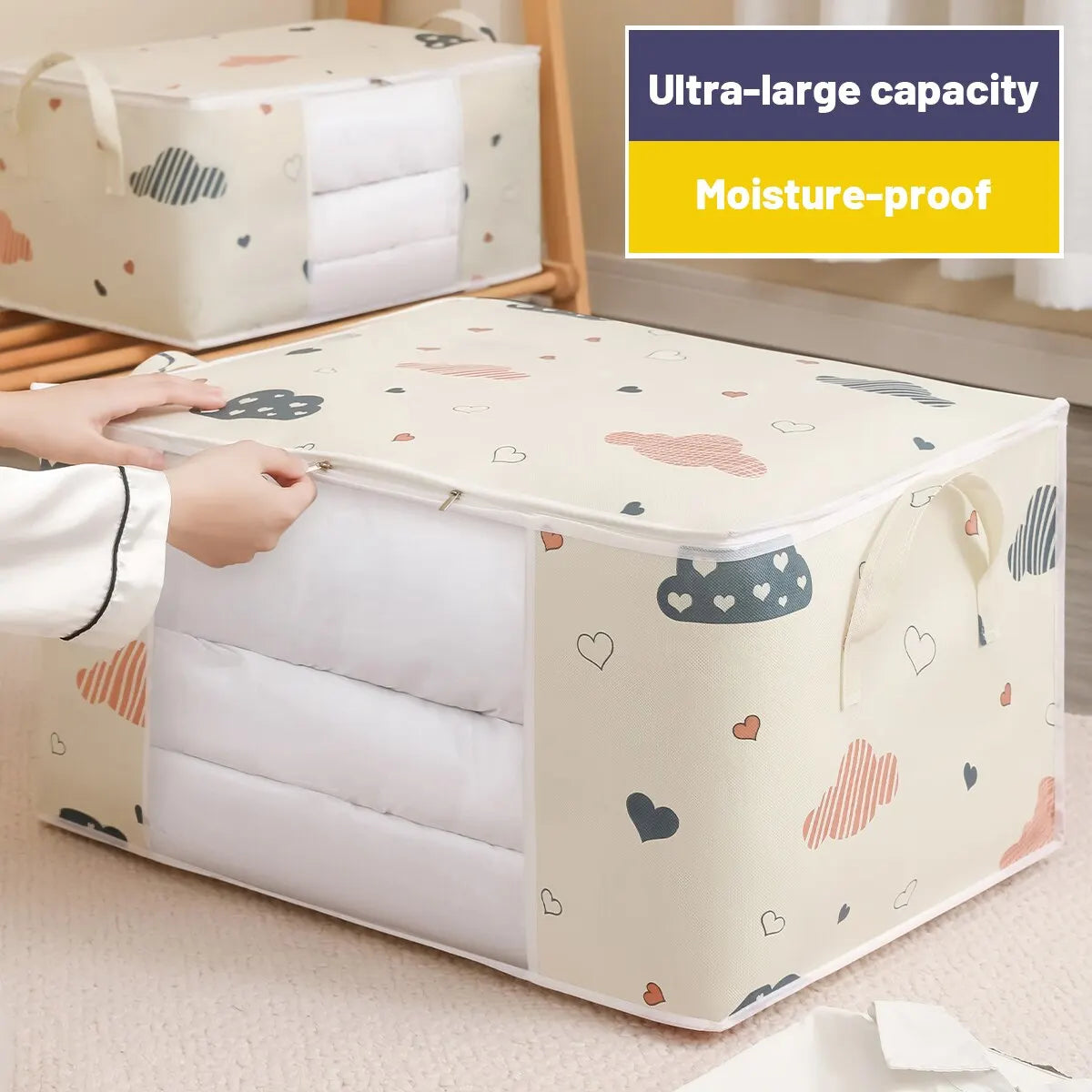 Bolsa de almacenamiento de ropa de gran capacidad, organizador con asa reforzada, adecuado para mantas, ropa de cama, plegable con cremallera resistente