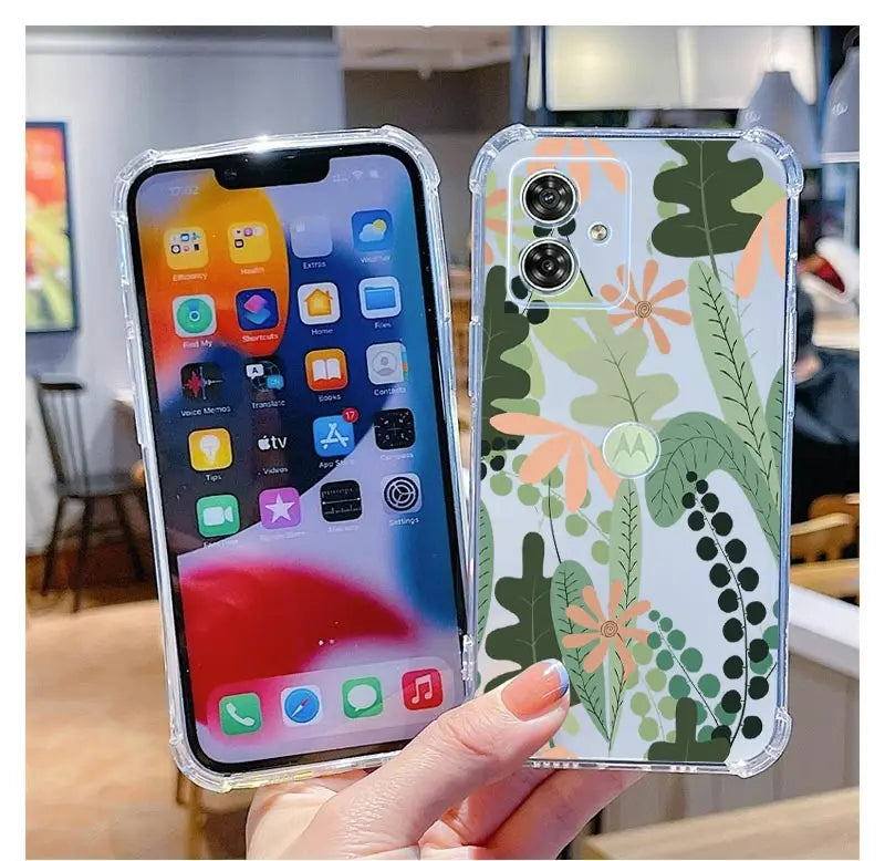 Funda de teléfono transparente G54 flores y hierba para Motorola Moto G54 G53 G52 G72 G82 G13 G73 G32 G84 G14 G42 G24Power G30 G9