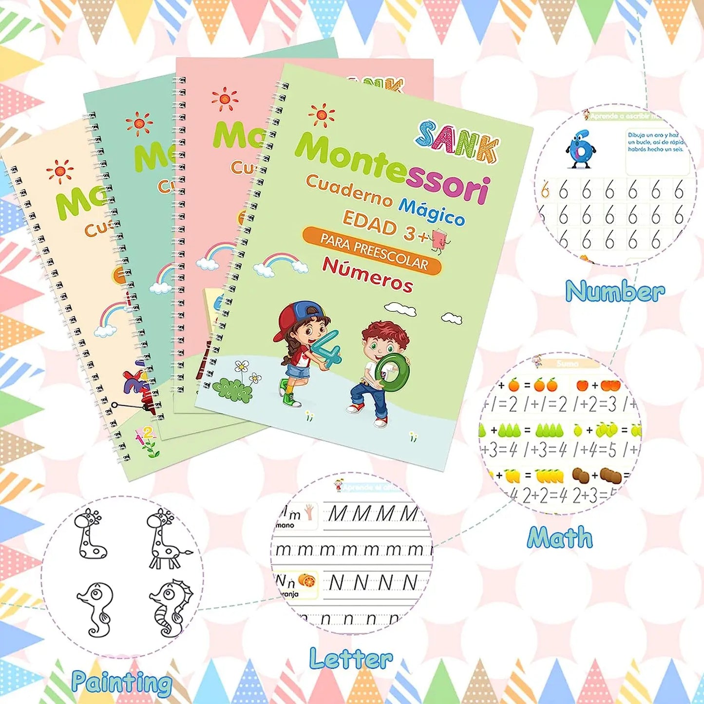 Juego de 4 Cuadernos de Práctica de Caligrafía Mágica Montessori en Español, Reutilizables, para Trazar el Alfabeto, Números, Matemáticas y Dibujo