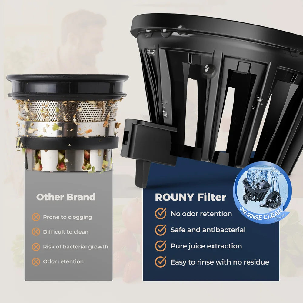 ROUNY Exprimidor lento, extractor de prensa en frío con sin filtro, máquina exprimidora de frutas eléctrica de fácil limpieza con gran calibre, negro
