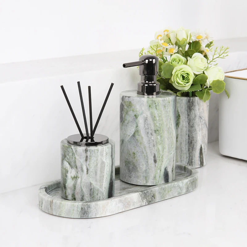 Juego de baño de mármol Natural verde esmeralda, jabonera de lujo, hisopos de algodón, tarro, difusor de caña, bandeja de tocador, accesorios de baño