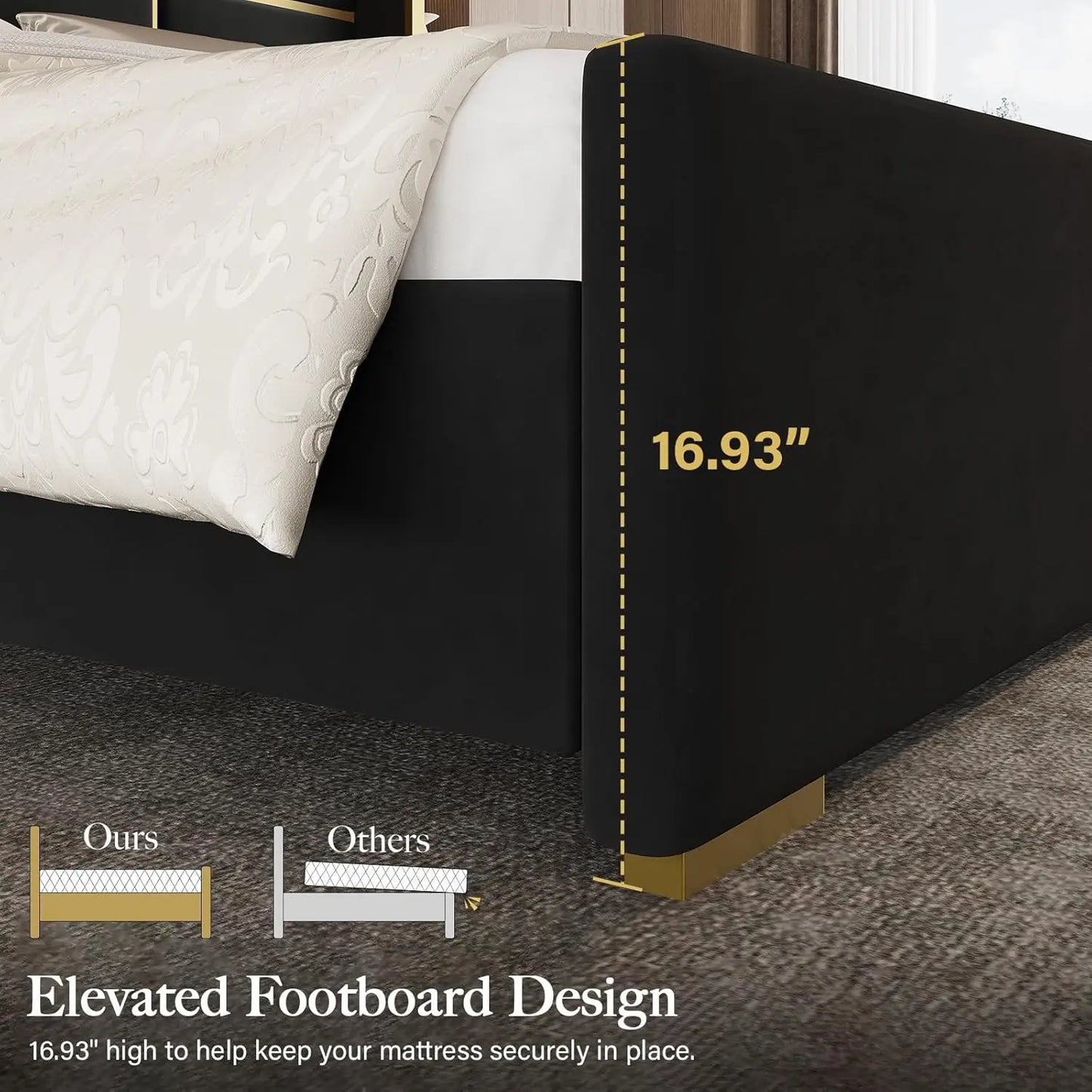 Base de Cama con Cabecera de 55.12 Pulgadas de Alto, Cama de Plataforma Moderna y Lujosa Tapizada en Terciopelo con Detalles en Dorado, Cabecero Ancho, Personalizable