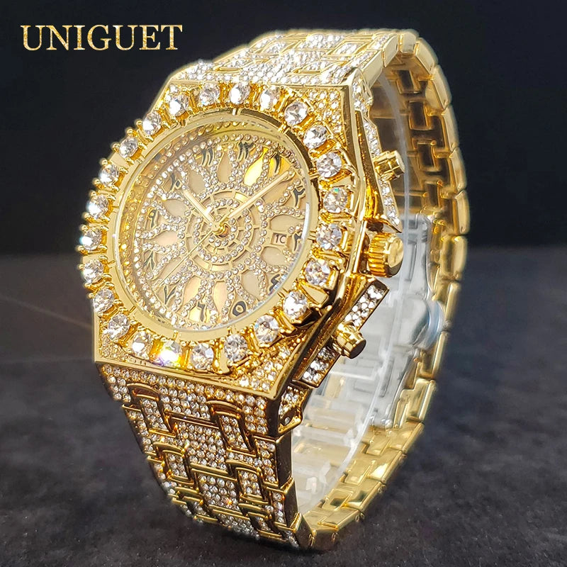 Reloj de lujo para hombre, relojes de cuarzo con diamantes helados para hombre, reloj de mano de Hip Hop con circonita brillante, reloj luminoso resistente al agua para hombre