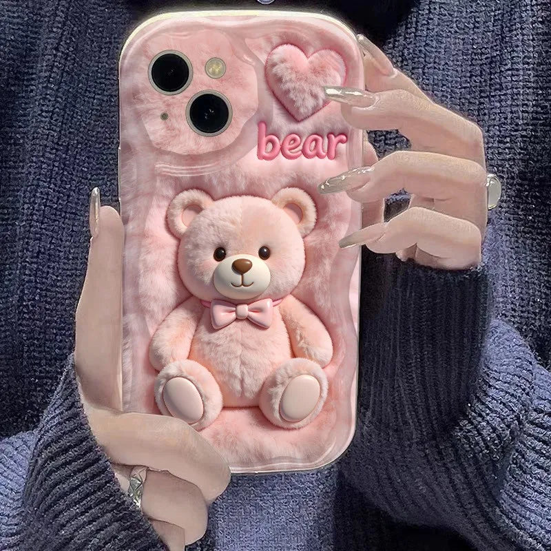 Funda de Teléfono con Estampado de Oso de Peluche Rosa de Dibujos Animados para iPhone 17 16 Pro Max 15 14 13 12 11, Funda para iPhone Air 16E XS XR X
