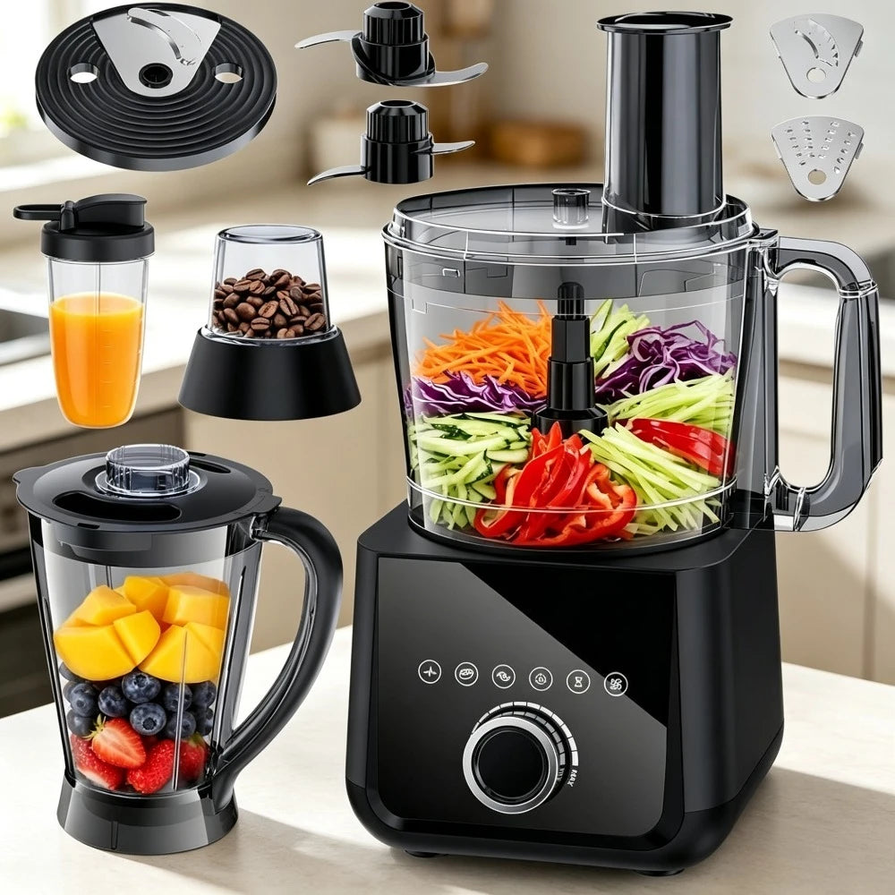 Procesador de Alimentos y Licuadora de 600W para Cocina Doméstica con 6 Programas Preestablecidos para Mezclar, Moler, Triturar, Rebanar, Picar Masa y Hielo