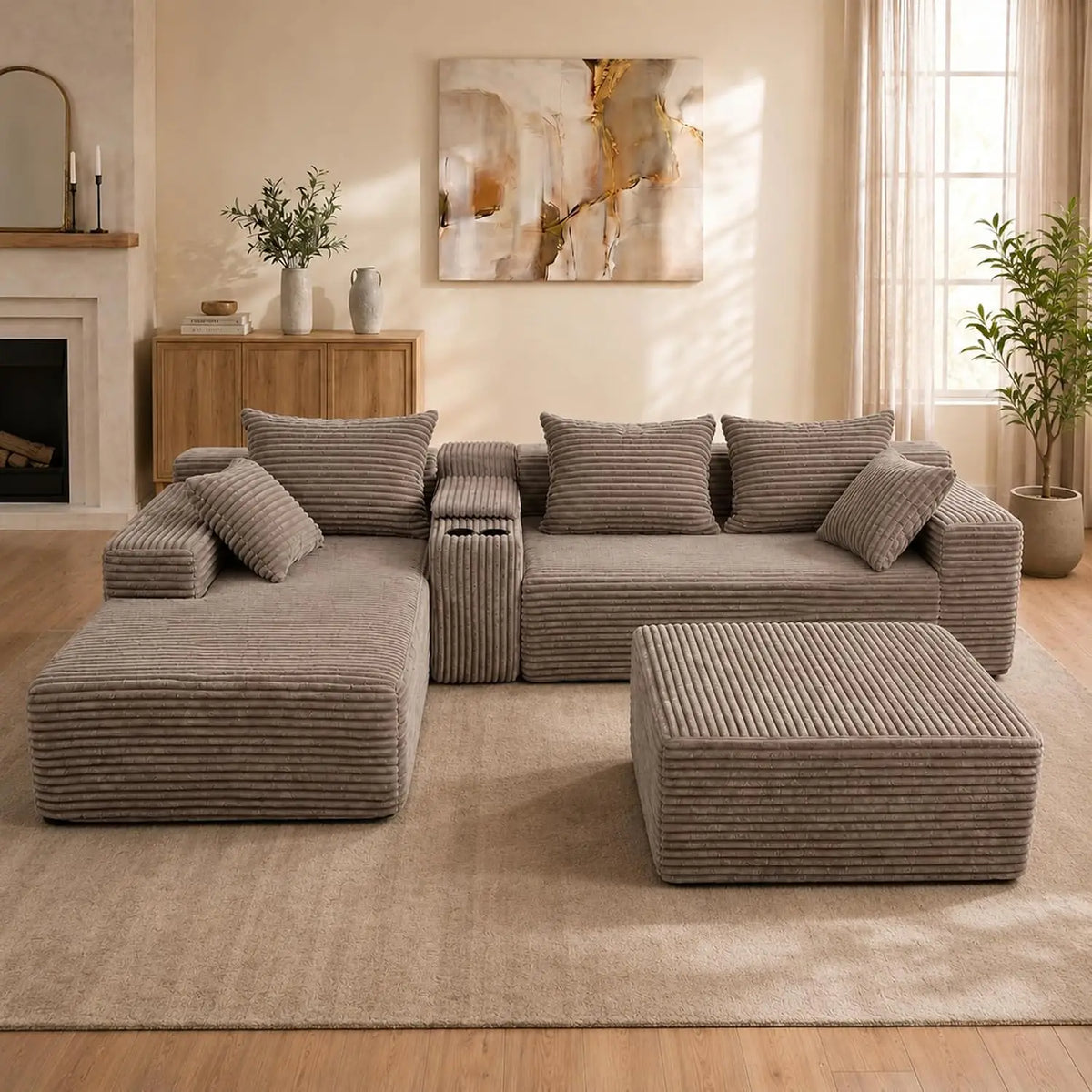 Sofá seccional modular en forma de U de 144 pulgadas, 6 plazas, de pana, color marrón café |   Tapicería de pana suave con espuma de alta densidad, personalizada