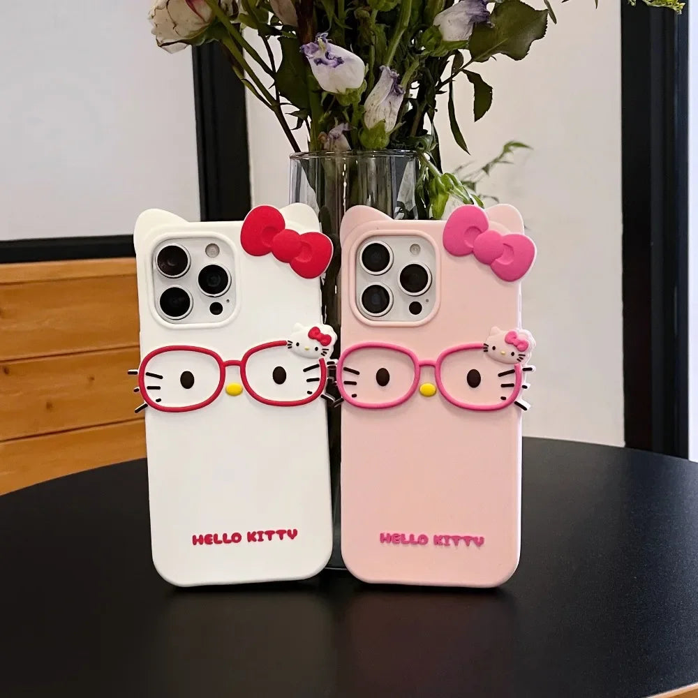 Funda de teléfono estereoscópica 3D para iPhone 17 16 15 14 13 12 11 Pro Max, fundas con lazo de Hello Kitty de dibujos animados bonitos de Sanrio, funda de silicona suave