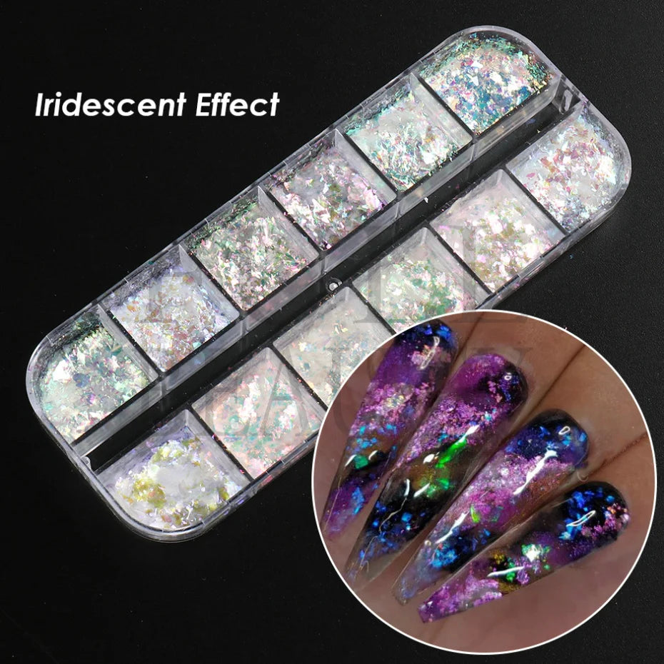 12 rejillas iridiscentes para uñas Aurora, purpurina de cristal, copos de fuego, holográficos, lentejuelas brillantes, dijes, esmalte de Gel, Flash para manicura
