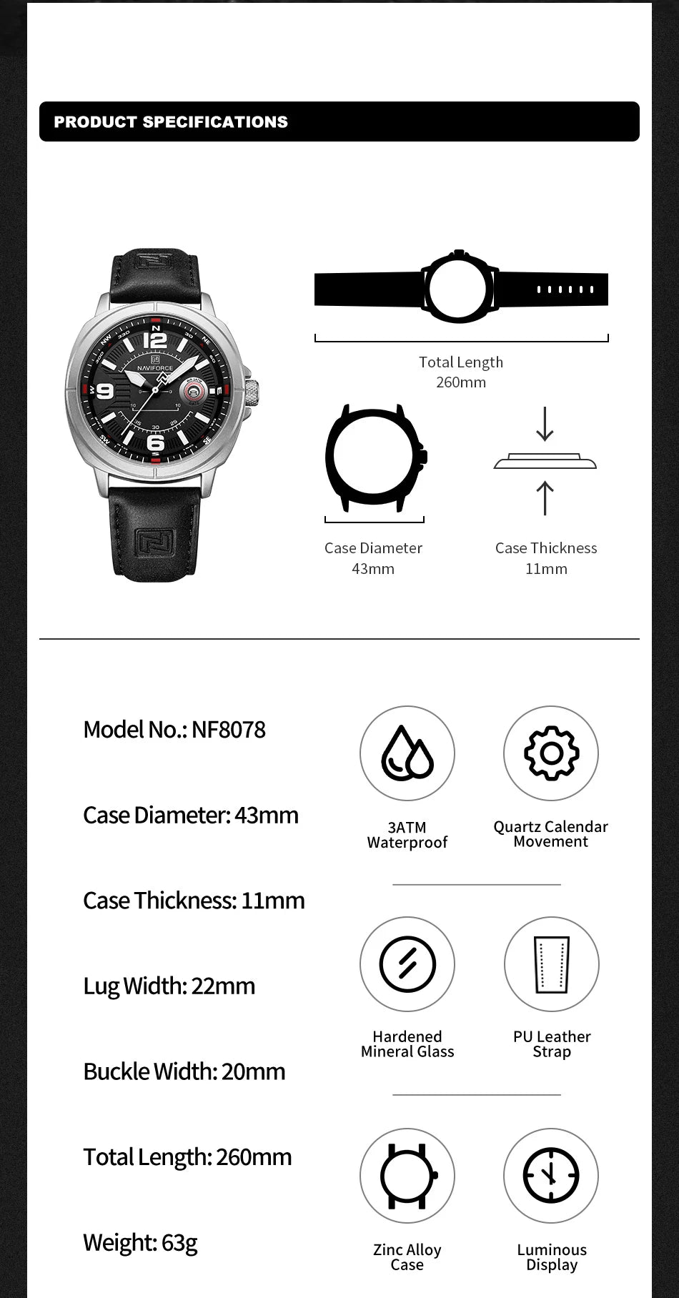 Marca NAVIFORCE, Reloj de cuarzo para Hombre, banda de PU de alta calidad, Reloj de pulsera con calendario para Hombre, indicador de fecha automático, relojes impermeables, Reloj para Hombre