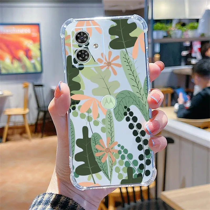 Funda de teléfono transparente G54 flores y hierba para Motorola Moto G54 G53 G52 G72 G82 G13 G73 G32 G84 G14 G42 G24Power G30 G9