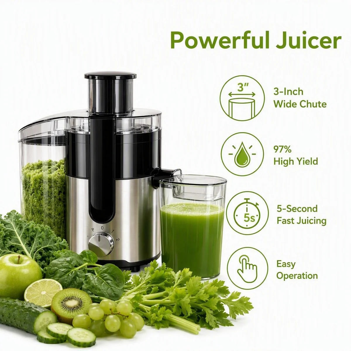 Exprimidor centrífugo, con conducto de alimentación de 3 pulgadas de ancho y 97% de alto rendimiento. CONDUCTO DE ALIMENTACIÓN GRANDE DE 3 PULGADAS: Admite alimentación directa de frutas y verduras enteras sin cortar