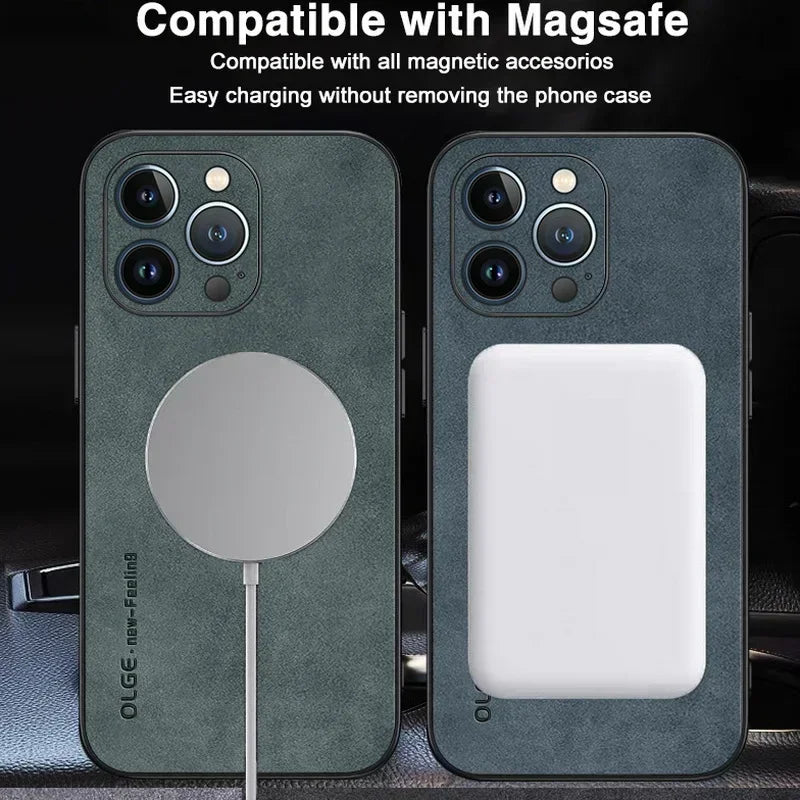 Para Magsafe fundas de teléfono de cuero de lujo a prueba de golpes para iPhone 17 16 15 14 13 12 11 Pro Max Plus cubierta de carga inalámbrica magnética