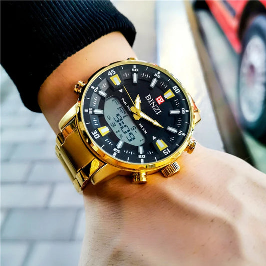 Reloj de pulsera de lujo de marca superior para hombre, relojes digitales deportivos impermeables, reloj de cuarzo militar de acero LED para hombre, reloj de Esfera Grande de color dorado
