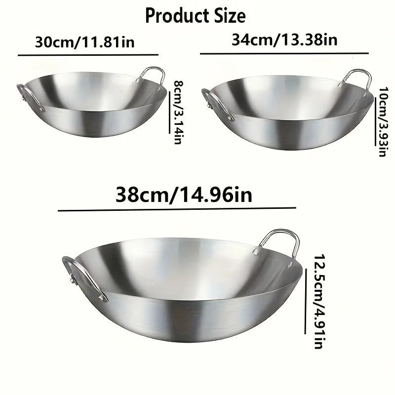 Wok grande de acero inoxidable, sartén de Chef duradera gruesa sin recubrimiento de alta calidad con asas dobles, fácil de limpiar para uso comercial, 1 ud.