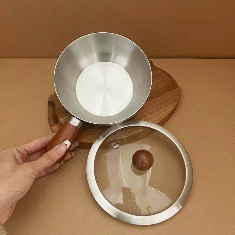 Olla para leche de acero inoxidable con mango de madera, olla compacta para cocinar, adecuada para freír huevos y calentar leche