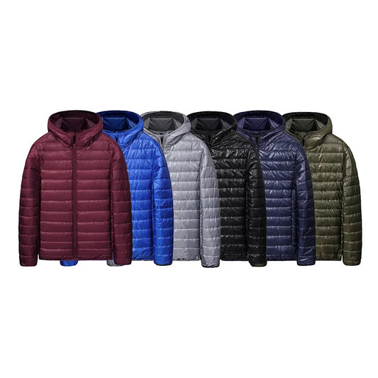 Chaqueta de plumón ligera para hombre, estilo nuevo de otoño-invierno, tipo abrigo acolchado, con cierre de cremallera y capucha, de fibra de poliéster.