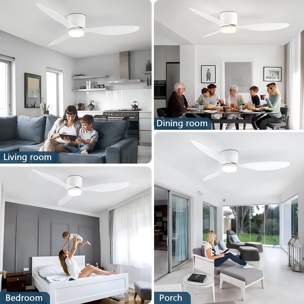 IRALAN Ventilador de techo con luz, opción de 6 velocidades, motor CC reversible de 3CCT con control remoto, susurro, fácil instalación, negro/blanco/madera