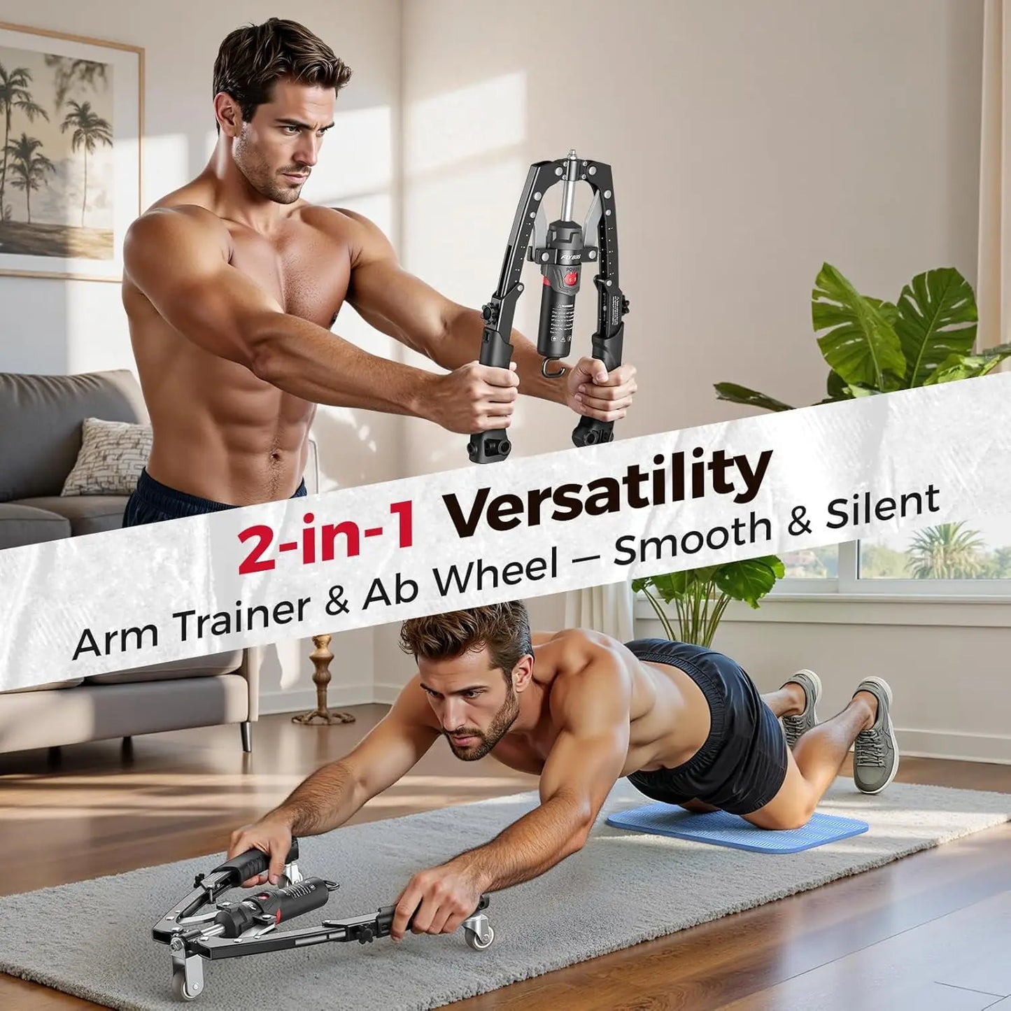 FLYBIRD Entrenador de Brazos 3 en 1 con Rueda Abdominal, Potencia Hidráulica Ajustable de 22-440 lbs para Pecho, Hombros, Antebrazos y Tríceps
