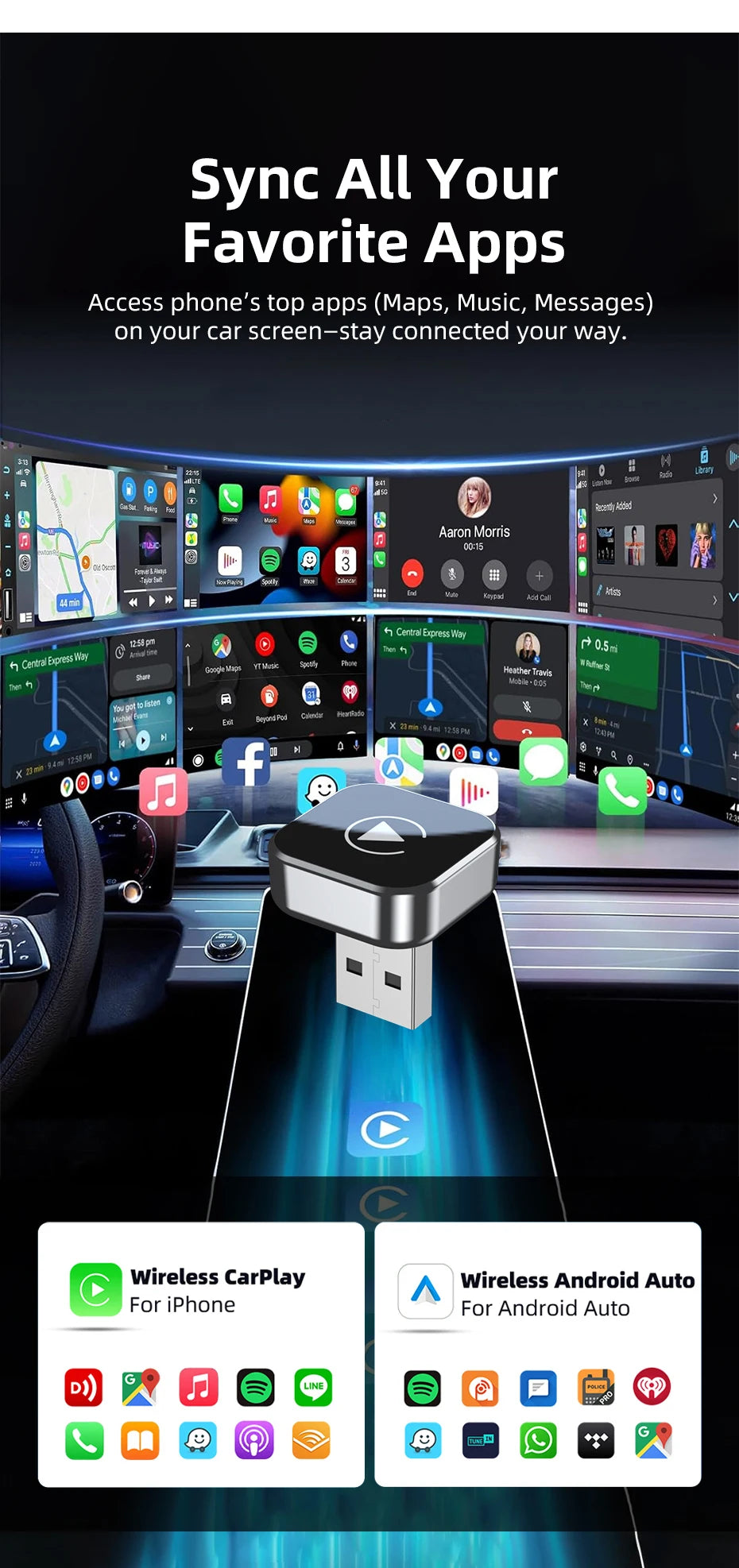 Adaptador Inalámbrico CarPlay 2 en 1, Plug-and-Play para iPhone 6 y Android 11 o superiores, Adaptador para Auto con Puerto USB/USB-C, Accesorio para Auto