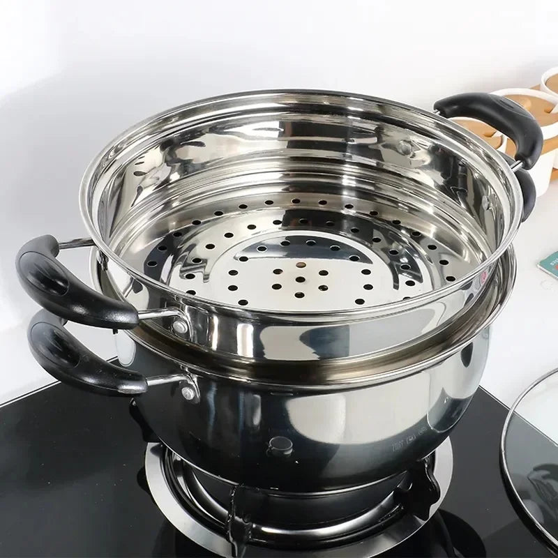 Olla de cocina multifuncional, olla de sopa de acero inoxidable, mango antiescaldado engrosado, olla para cocinar al vapor, tapa de vidrio templado