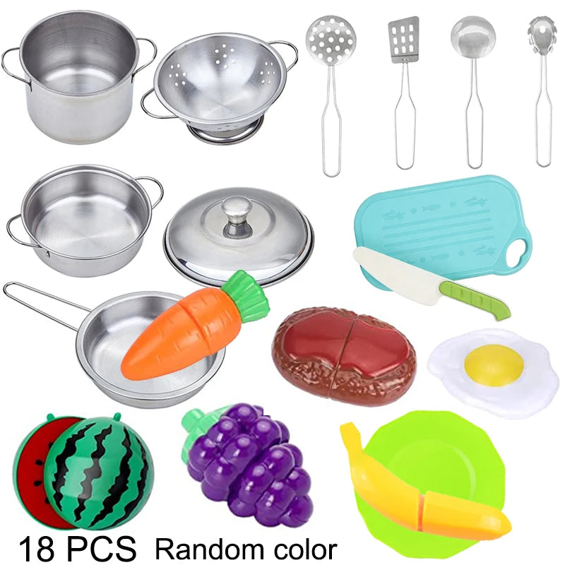 Accesorios para juego de imitación de cocina, juguetes con utensilios de cocina de acero inoxidable, juego de ollas y sartenes, utensilios de cocina, herramienta de aprendizaje para regalos