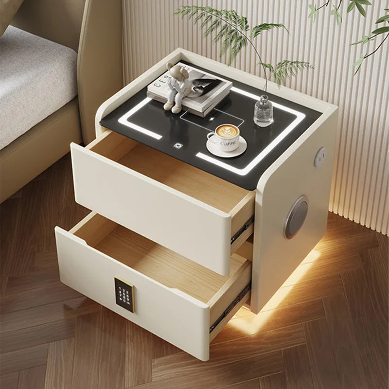 Mesita de noche inteligente de madera maciza con carga inalámbrica, mesita de noche de estilo moderno con 2 cajones y cerradura, armario lateral para el hogar