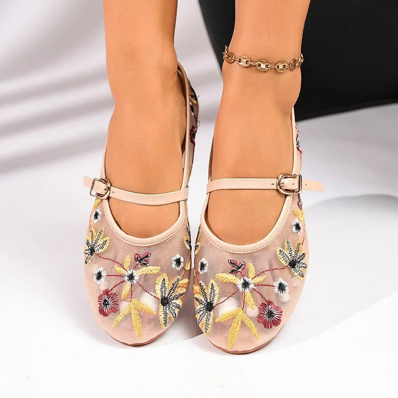 Zapatos Mary Jane de malla con bordado floral de primavera para mujer, zapatos con correa y hebilla concisa, zapatos de suela suave, zapatos planos de ballet transpirables para mujer
