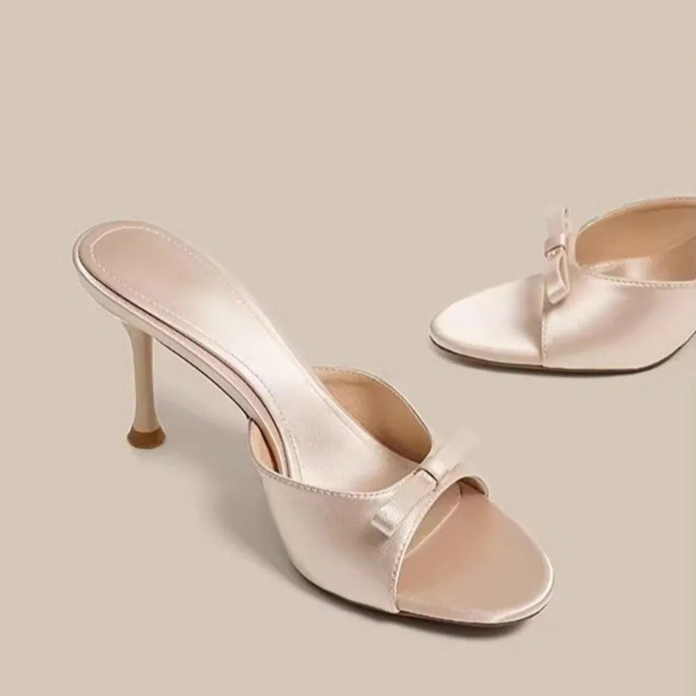 Sandalias de tacón alto y fino para mujer, de satén, con lazo de mariposa, para verano, elegantes, sexys, para fiesta