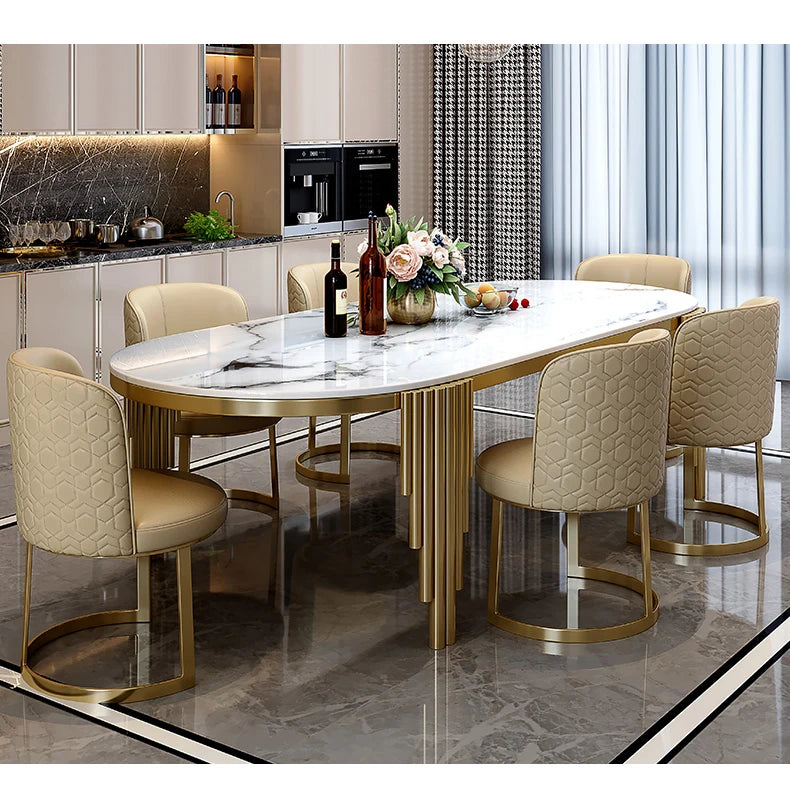 Juego de comedor de acero inoxidable, muebles para el hogar, mesa de comedor de mármol moderna