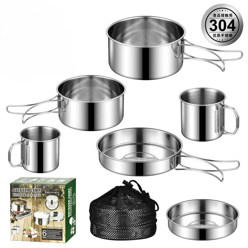 Juego de utensilios de cocina para acampar, olla de cocina de acero inoxidable con sartén, utensilios de cocina portátiles para exteriores, olla para Picnic, mochilero, Camping y senderismo