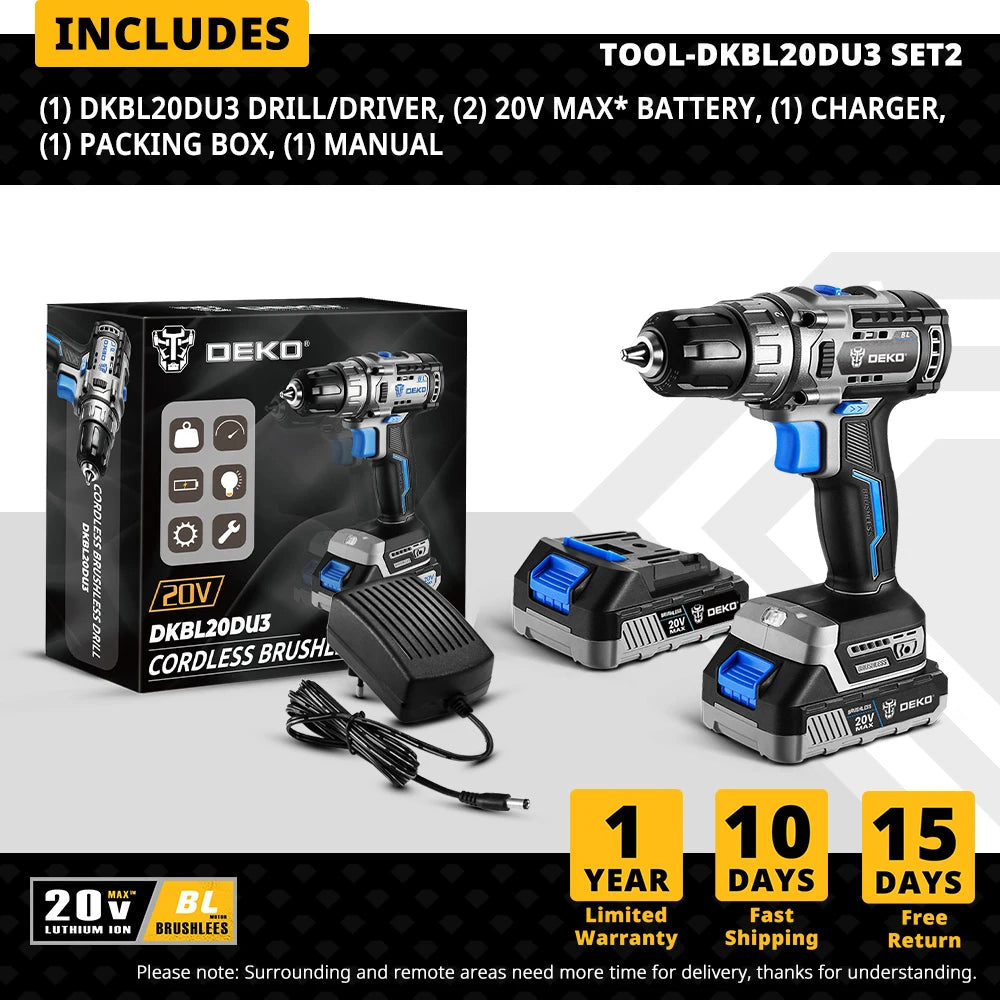 DEKO-Taladro Inalámbrico sin escobillas de 20V, Kit combinado de Mini destornillador eléctrico, herramientas eléctricas de 2 velocidades para carpintería