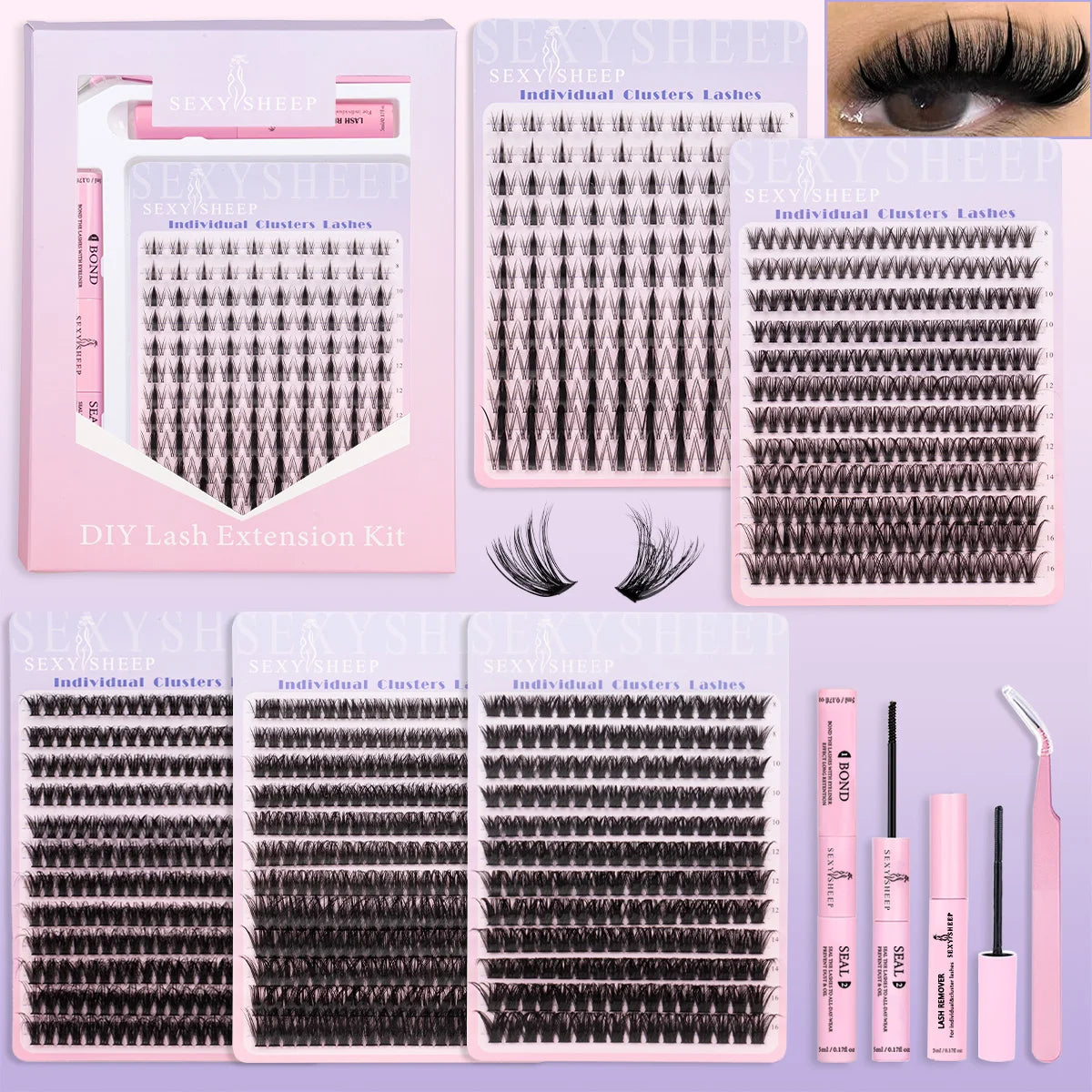 Kit de extensión de pestañas DIY, mezcla de 8-16mm de visón, pestañas individuales suaves, extensiones de pestañas naturales con maquillaje de unión y sellado