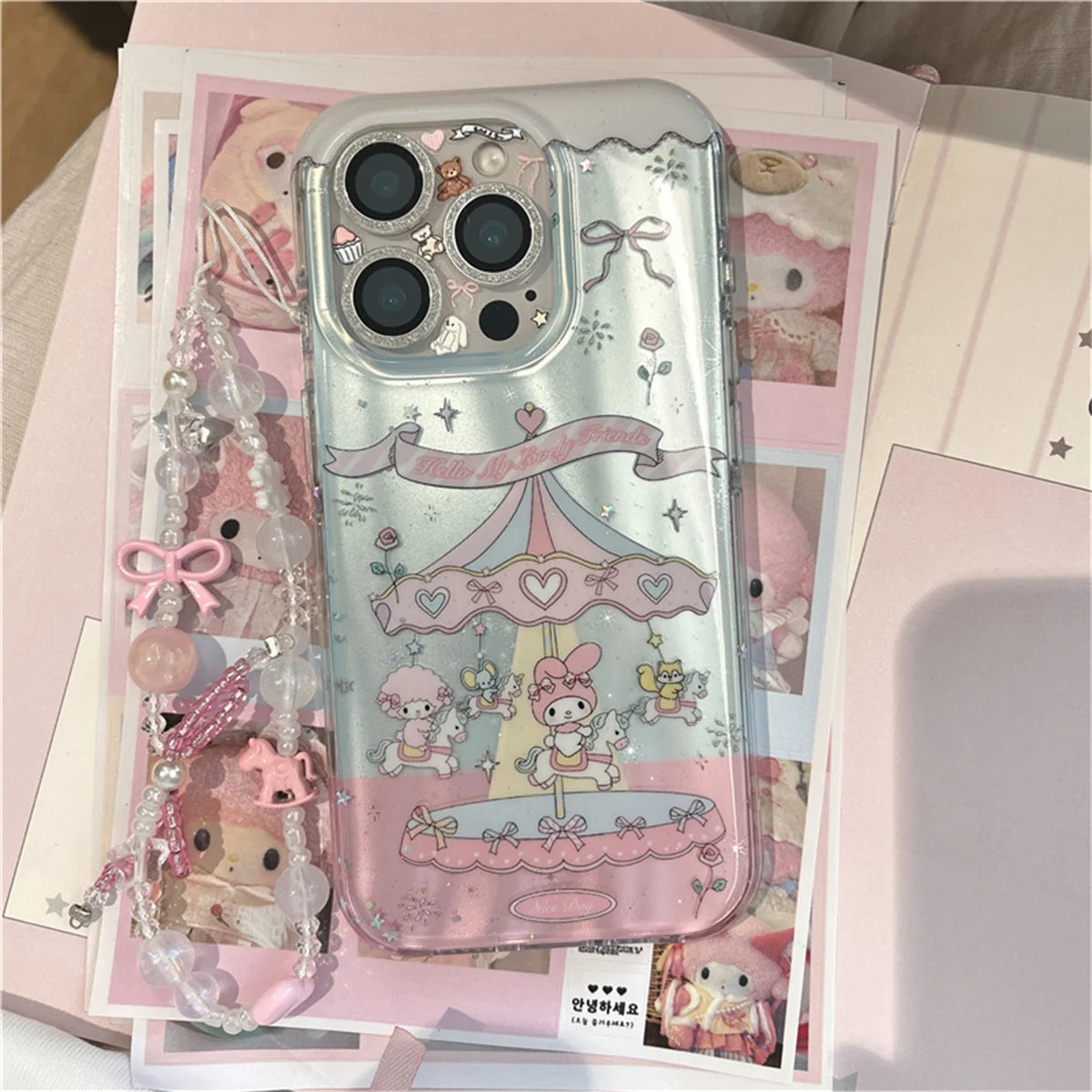 Funda de teléfono Kawaii carrusel Melody Bow para iPhone 16 Pro 15 14 Pro Max, funda con correa de cadena de mano, fundas bonitas a prueba de golpes
