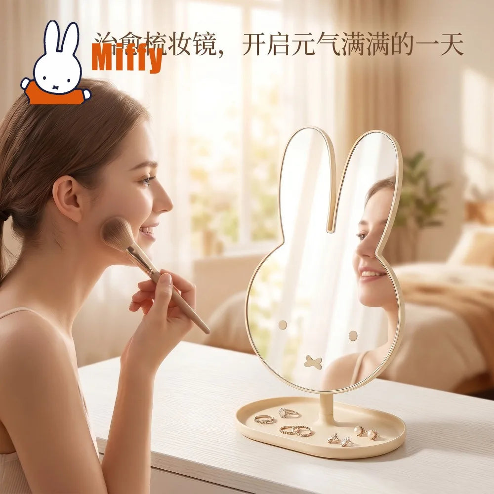 Espejo de Maquillaje de Escritorio Kawaii Miffy, Espejo de Vanidad con Diseño de Conejo, 360° °   Bandeja Giratoria con Base, Cristal de Alta Claridad, Accesorio para Escritorio de Dormitorio, Regalo