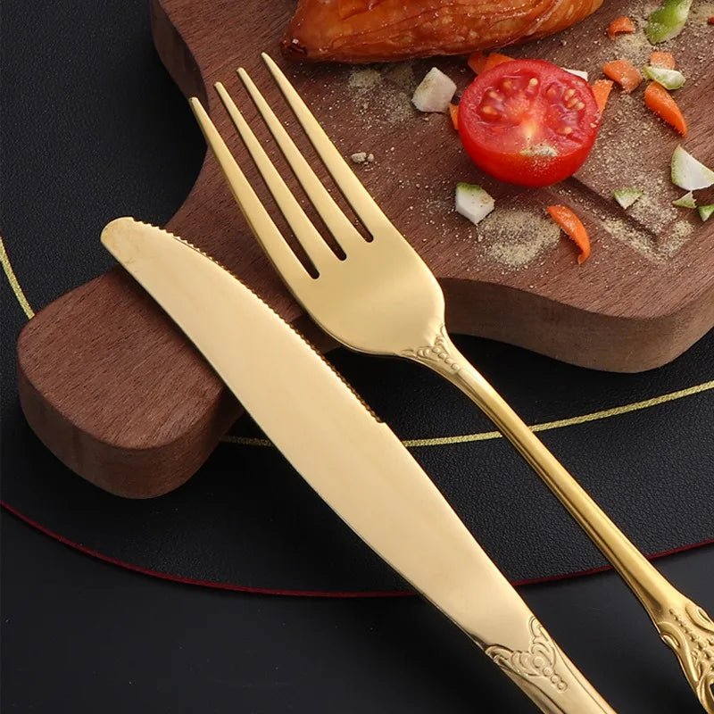 Juego de vajilla dorada de 24 piezas, juego de cubiertos de acero inoxidable, juego de cuchillos, tenedores y cucharas, juego de cubiertos, cuchillo, tenedor, cuchara, cuchara de té.