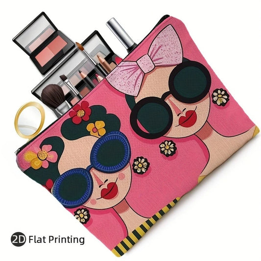 Bolsa de cosméticos para mujer: organizador de maquillaje con cremallera y diseño floral rosa para niñas, bolsa de maquillaje de poliéster duradera para viajes