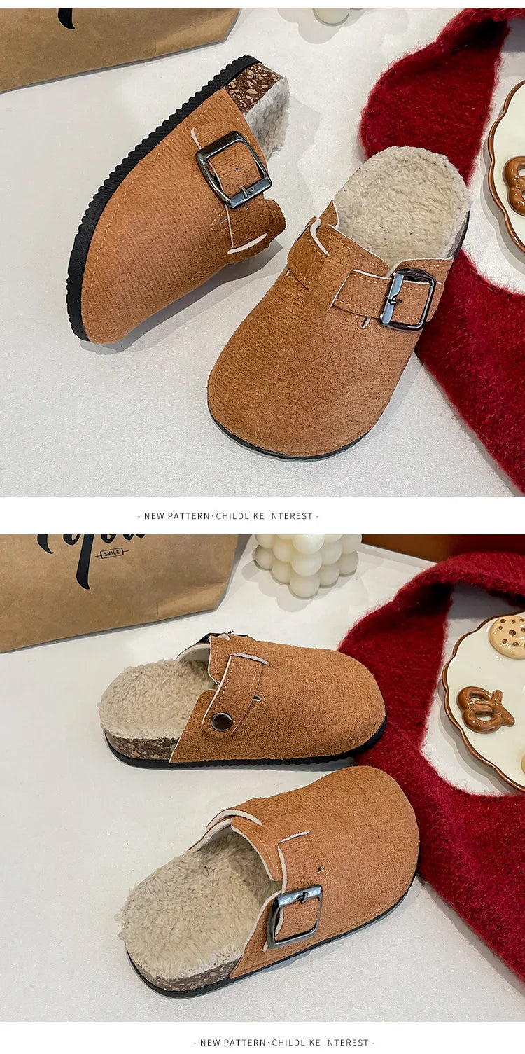 2025 niños niñas invierno cálido felpa corcho cama piel zuecos zapatillas señora peluda casa pisos zapatillas de algodón