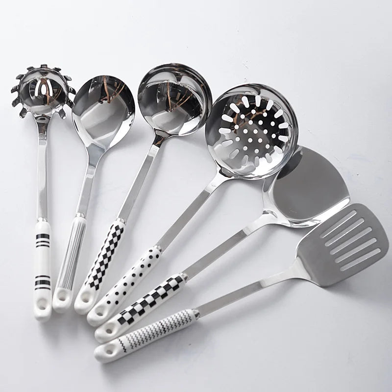 Espátula de acero inoxidable con mango de cerámica, juego de utensilios de cocina nórdicos, 7 unidades
